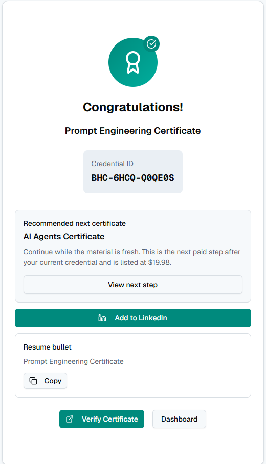 The certificate you receive after completing and passing the course quiz