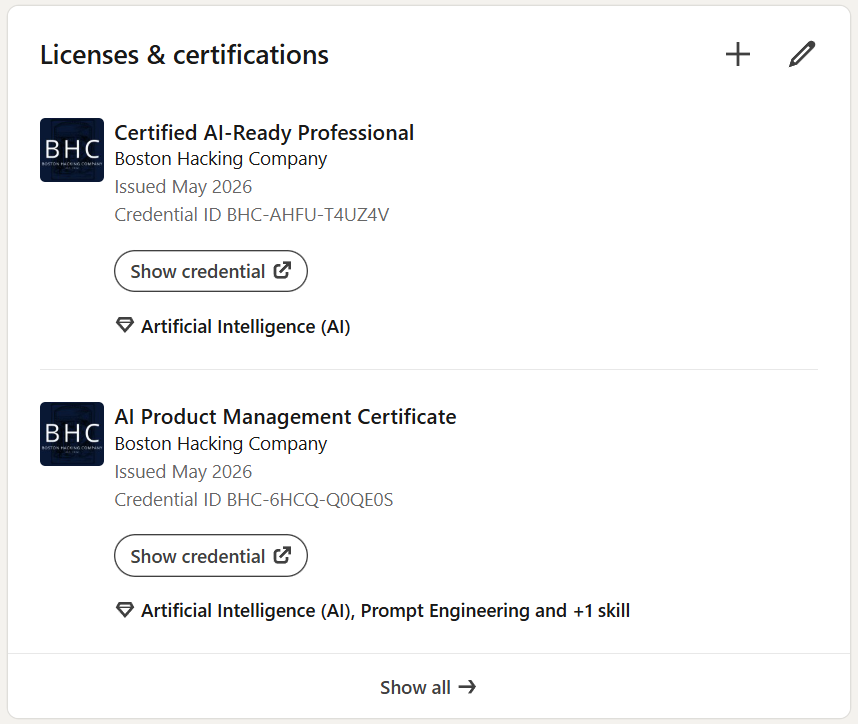 How the certificate appears when added to a LinkedIn profile